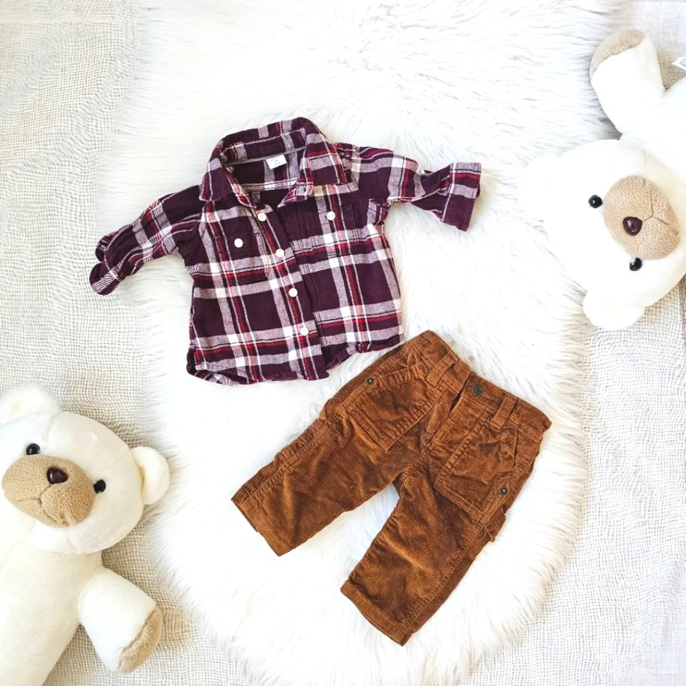 2 Piece Set Baby Gap Flannel Shirt Burgundy & Baby Gap Corduroy Lined Pants